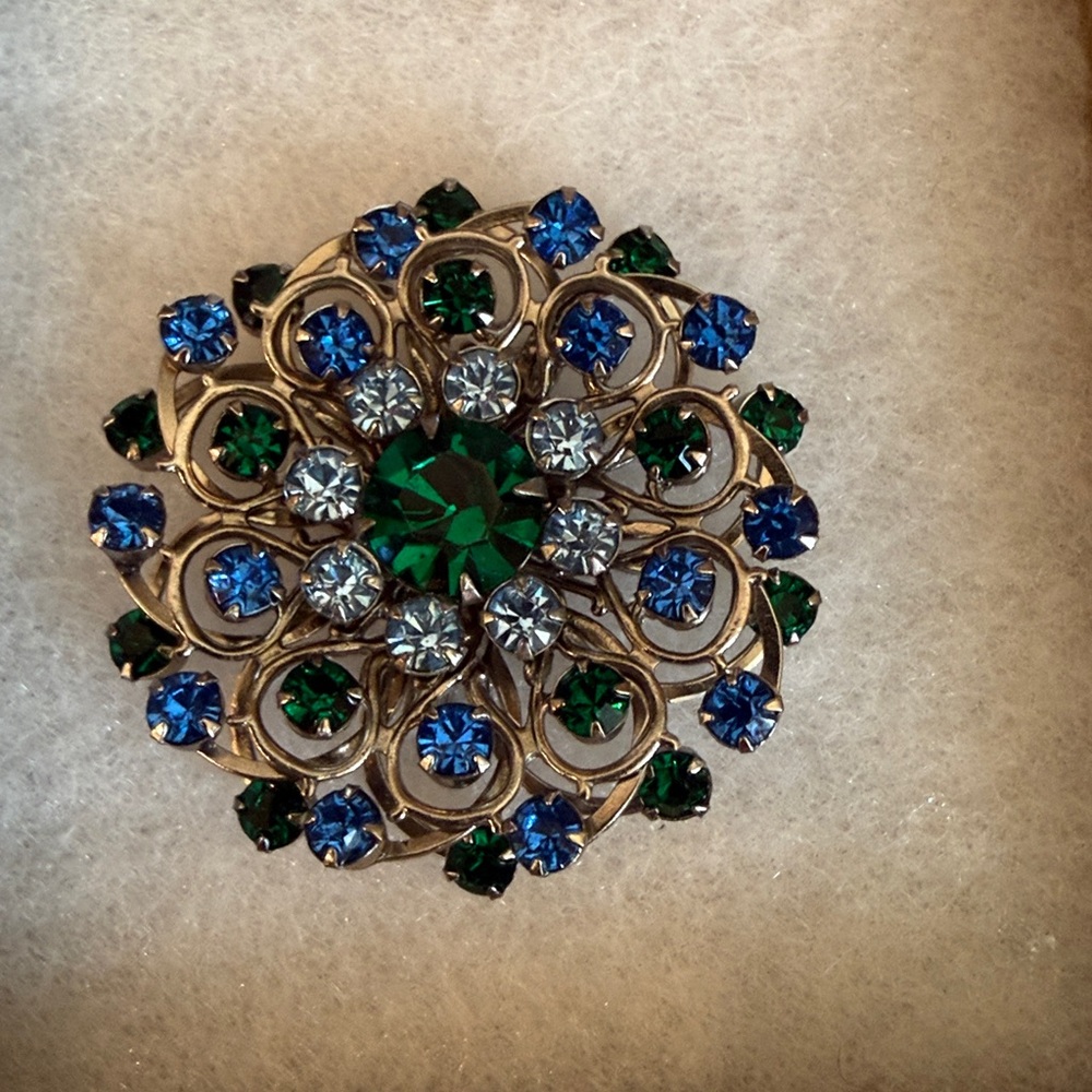 Vintage Blue & Green Rhinestone Cluster Brooch Mid Century + Free Vintage Gift!